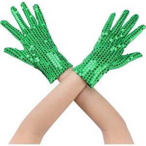 Women's Green Sparkly Sequin Full Finger Sleeves Wrist Gloves Banquet Party Prom
